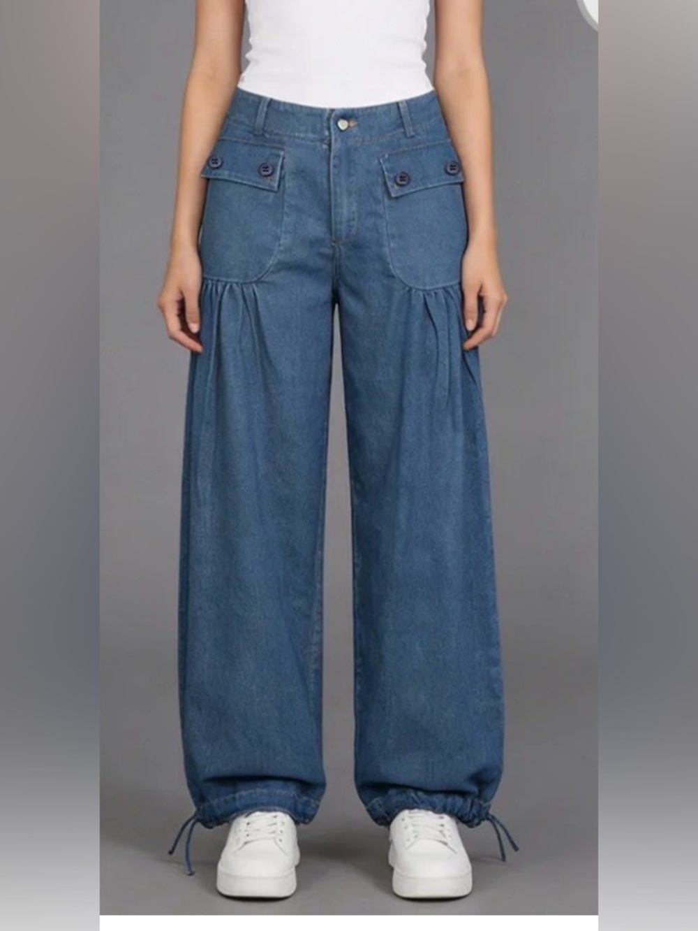 Women’s  Dark Blue Drawstring Hem Denim Jeans barrel, jeans pwest